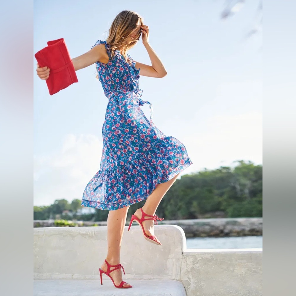 Boden Blue Floral Midi Dress with Pink Details